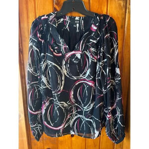 Abstract Circle Print Long Sleeve Blouse Black Pink White Casual‎ Top Size M